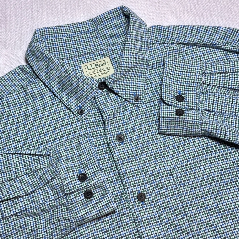 LL Bean Button Up Shirt Men Large Houndstooth Flannel Blue Green Traditional Fit